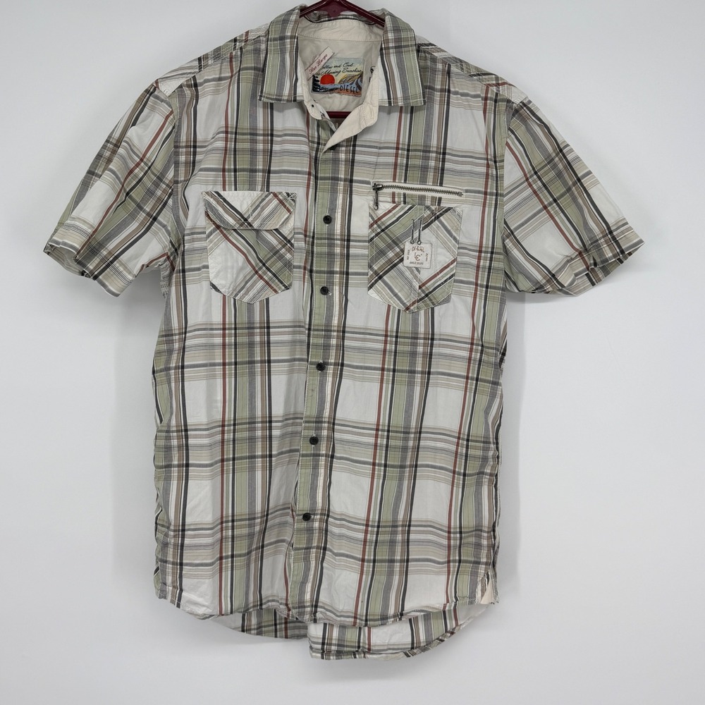 Diesel Men's Large Plaid Short Sleeve Button Down Shirt Utility Pockets Graphic
